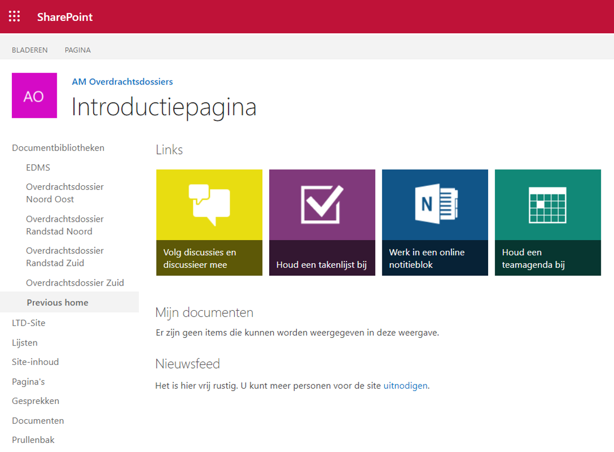 Een screenshot van het overdrachtsdossier op Sharepoint