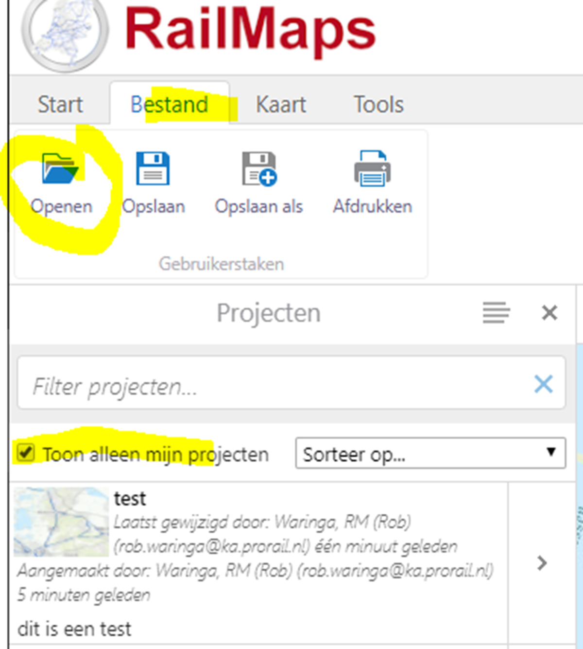Screenshot van een RailMaps menu.